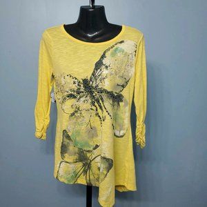 Cato Womans Yellow Graphic Print Butterfly Long-Sleeve Shirt |Size: S